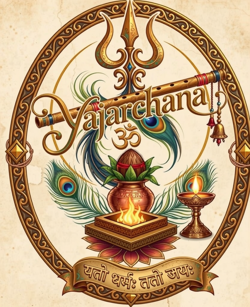 Yajarchana emblem: a golden oval frame holding a trident, flute, Om symbol, peacock feathers, kalash pot, fire altar and oil lamp, with the Sanskrit motto yato dharmah tato jayah.