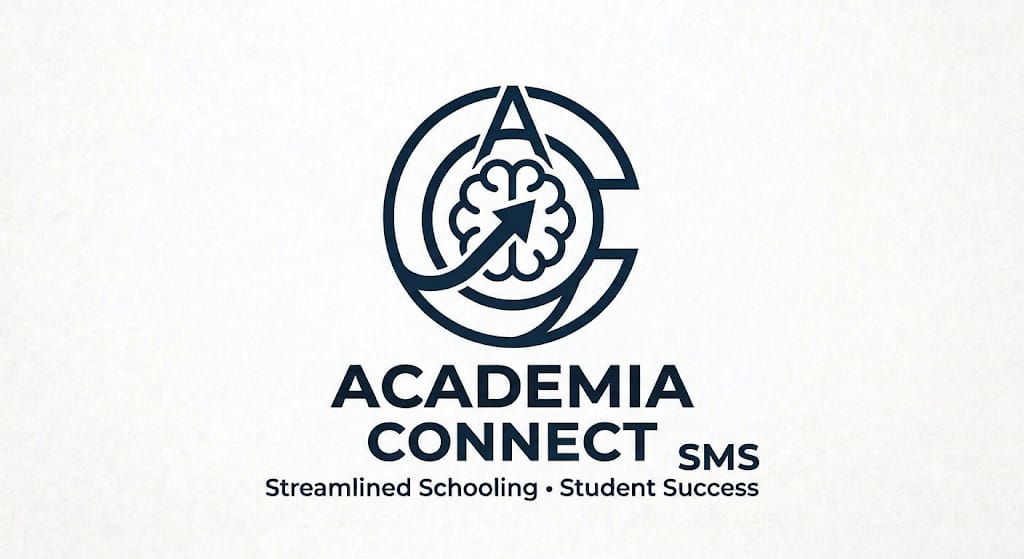 Academia Connect SMS emblem: a navy circular monogram with a brain and rising arrow, captioned Streamlined Schooling, Student Success.