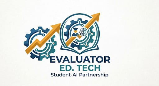 Evaluator Ed. Tech emblem: navy, teal and amber gears with circuit traces and a rising trend arrow over an open book, with a student figure and an AI brain.